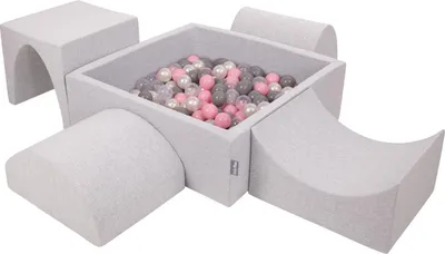 Produktbild von KiddyMoon spielplatz aus schaumstoff mit quadrat bällebad (300 bälle) ballgruben für babys spielbad hindernisläufen, hergestellt in der eu, hellgrau:perle/grau/transparent/puderrosa