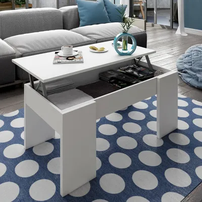 Image de Almas - Table Basse, 100x45x50h cm Blanc Brillant, Plateau Relevable Rangement