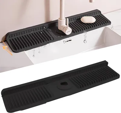 Produktbild von Silikonmatte für Wasserhahn in der Küche, Spritzschutz für Spüle, Abtropfmatte für Waschbecken, Wasserfänger für Arbeitsplatte in Küche und Bad (Schwarz, 60 cm)