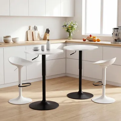 Image de Table haute de bar, table bistrot, table d'appoint, pivotante à 360°, réglable en hauteur (70-91,5 cm), diamètre 60 cm, blanche