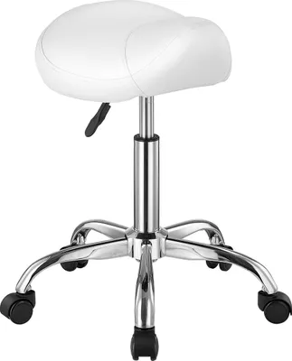 A white saddle stool with a chrome base and wheels, set against a white background.