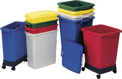 A collection of colorful plastic bins and lids, some with wheels, arranged against a white background.