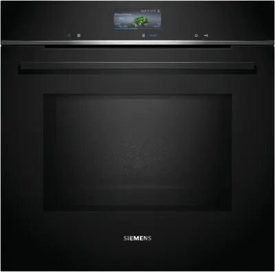 Siemens iQ700, Einbau-Backofen mit Mikrowellenfunktion, 60 x 60 cm, Schwarz, Edelstahl HM776GKB1 Frontansicht geschlossen