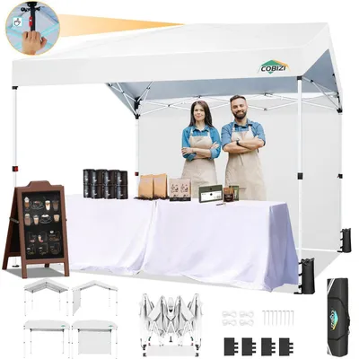 Image de Pavillon pop-up de 3x3 mètres avec une paroi latérale, de couleur blanche, et 3 niveaux de hauteur réglables