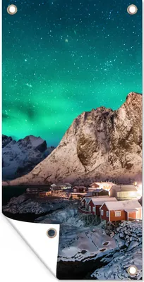 Produktbild von MuchoWow® 30x60 cm Outdoor-Poster Gartendeko Sichtschutz Garten Poster für den Garten  Nordlichter - Berge - Norwegen