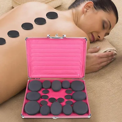 Productafbeelding van Hotstone massageset met 20 basaltstenen, een elektrische verwarmingsbox en verschillende formaten, voor ontspanning