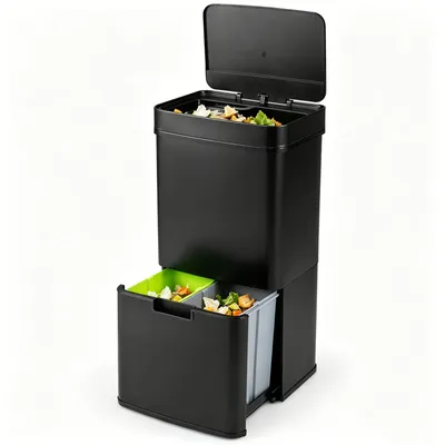 Immagine prodotto di Contenitore per rifiuti KOMFOTTEU da 72 litri, con 4 scomparti, sistema di raccolta differenziata con coperchio, bidone in acciaio inossidabile con pedale e sensore, contenitore per rifiuti per interni, ideale per cucina e ufficio (nero)