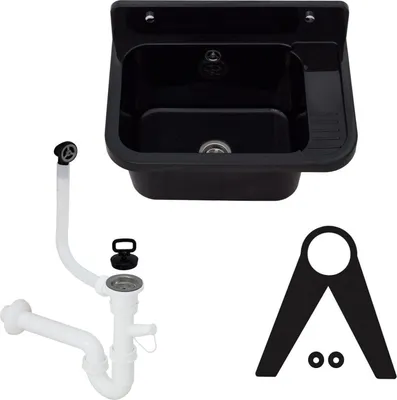 A black sink basin and white plumbing parts are arranged on a white background.