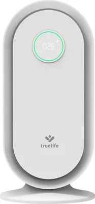 A white air purifier with a digital display and a brand logo.