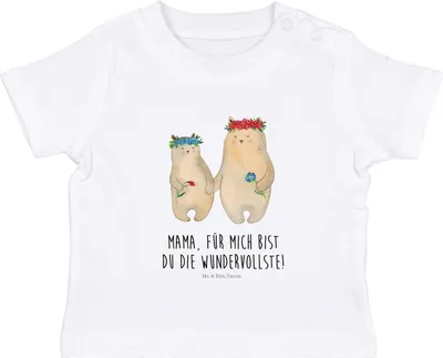Produktbild von Mr. & Mrs. Panda Babyshirt Bären mit Blumenkranz 12. - 18. Monat - Weiß - Geschenk, Family, Tochter, Muttertag, Baby Shirt, Oberteil, Mama, Kinder T-Shirt
