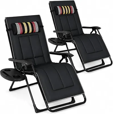 Imagen del producto de Juego de 2 tumbonas plegables, sillón reclinable ajustable con almohada para el cuello y portavasos, tumbona ergonómica para jardín, tumbona resistente a la intemperie para jardín, balcón y playa ()