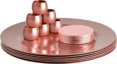 Produktbild von Argon Ta 18 Stück Metallic Ladegerät Teller Set - Fine Dining Luxe Tisch unter Teller Untersetzer Serviettenringe - Rose Gold