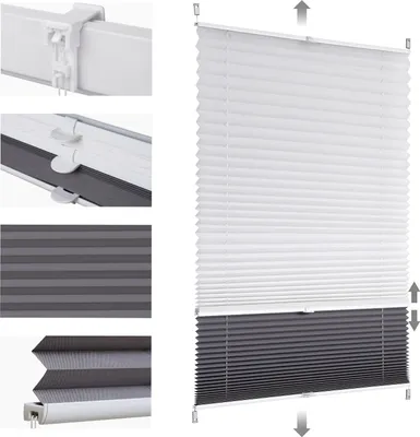 A collage of images showing different aspects of pleated blinds, including mounting hardware, fabric texture, and the blinds themselves in white and gray.