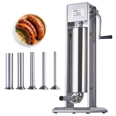 Obrázok produktu pre VEVOR ručná plnička klobás, vertikálny stroj na klobásy s objemom 7 litrov / 15 libier, plnička mäsa s dvoma rýchlosťami, vyrobená z potravinárskej nehrdzavejúcej ocele 304, vrátane 5 plniacich rúrok