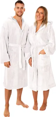 Produktbild von Lavea® Bademantel Damen & Herren, Uni Morgenmantel mit Kapuze, Soft-Velour & Frottier, Bambus-Baumwoll-Mix, 2 Taschen, Bindegürtel, L, Weiß