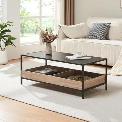 Produktbild von Couchtisch 'Belana' 100 x 48 x 39 cm Wohnzimmertisch mit 2 Ablagefächern Metallgestell Schwarz/Eicheoptik