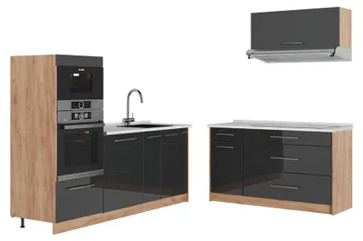 Produktbild von Küchenzeile Vicco Fame-Line Anthrazit Hochglanz/Goldkraft Eiche 340 cm, AP Marmor, Model 63891