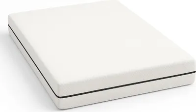 A white mattress with a black trim is shown on a white background.