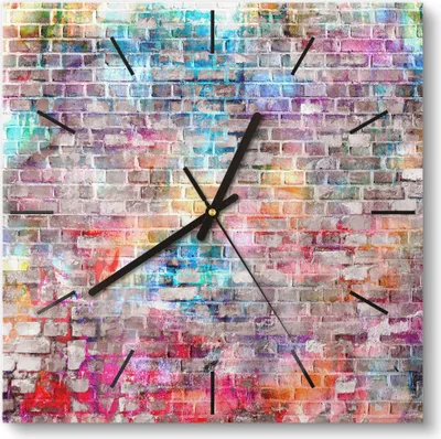 Produktbild von DEQORI Glasuhr 30x30 cm Modern 'Ziegelmauer mit Graffiti' Wanduhr Glas Uhr Design leise