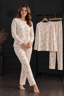 Produktbild von Damen Pyjama Schlafanzug Weiß XXL Lang Warm Winter 2-Teiler Set L-88