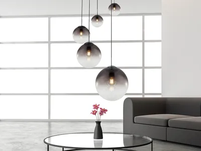 Produktbild von LED Küchenlampen für über Esstisch hängend, 5 Glaskugeln Rauchglas mehrflammig