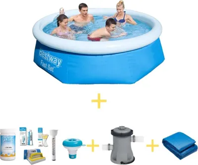 A collage of an inflatable pool and various pool accessories.