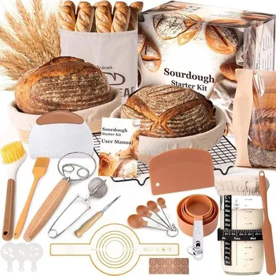 Produktbild von Banneton für Brot 25x24x17 cm, Hefe Box Set mit runden und ovalen Gist Körbe, Brotbeutel, Dough Knife und mehr - Komplettwerkzeug für Backen und F