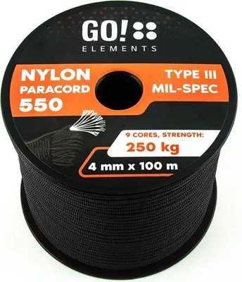 Image de GO!elements Corde Paracord 100 m en nylon résistant à la rupture - Corde Paracord 550 type III 4 mm - Convient comme corde polyvalente et cordelette - Max. 250 kg, couleur : noir