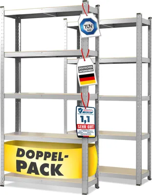 Two silver metal shelving units are shown, with several tags hanging from one of them. A yellow banner with text is at the bottom of one unit.