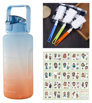 Produktbild von 2l Tragbare Wasserflasche mit großem Fassungsvermögen, Zeitmarkierung, auslaufsicher, BPA-gefrosteter Becher für Outdoor-Sport-Trinkflasche mit Strohhalm