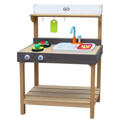 Produktbild von AXI Rosa Spielküche / Matschküche aus Holz | Multifunktionelle Spielzeugküche / Sandküche für Kinder mit 17 teiligem Zubehör Set | 40x75x100 cm