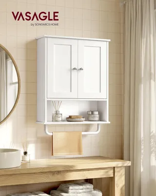 Produktbild von VASAGLE Wandschrank mit Türen, Handtuchhalter und offenem Fach, Hängeschrank für Bad, verstellbare Ablage, Landhausstil, weiß