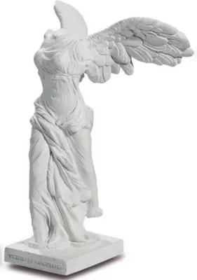 A white statue of the Winged Victory of Samothrace on a white base.