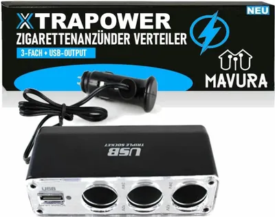 Immagine prodotto di XTRAPOWER distributore accendisigari auto 12V/24V adattatore auto 3 vie con presa USB cavo di ricarica splitter