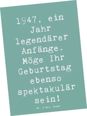 Produktbild von Mr. & Mrs. Panda Postkarte Spruch 1947 Geburtstag - Meeresbrise - Geschenk, einzelkarte, Ansichtskarte, Geburtsjahr, besondere Geburtstagswünsche, Alter, Postkarten