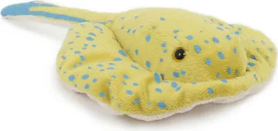 A plush toy stingray with blue spots on a white background.