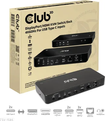 Zdjęcie produktu dla Club3D KVM Switch 4K60Hz 2x USB-C> HDMI/DP/3xUSB/2xUSB-C/LAN retail