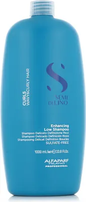 A blue bottle of Alfaparf Milano Semi Di Lino Curls Enhancing Shampoo.