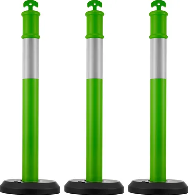 Obrázek produktu pro SucceBuy sada 3 výstražných sloupků (114 cm) s vyplnitelným podstavcem a reflexními proužky, výstražné sloupky pro staveniště, parkoviště a zábrany pro kontrolu davu, zelená barva