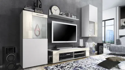 Produktbild von Vladon Wohnwand Movie, Anbauwand bestehend aus 1 TV-Board, 2 Vitrinen und 1 Regal, Weiß matt/Weiß matt/Creme Hochglanz (Gesamt: 300 x 190 x 39 cm)