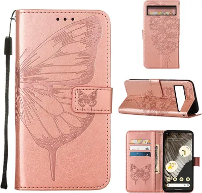 Produktbild von Lederhülle für Google Pixel 8 Pro Schmetterling Prägung Flip Ledertasche Kartenfächer Handyhülle mit Ständer Pink