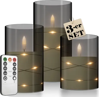 Image de UISEBRT Lot de 3 bougies LED avec guirlande lumineuse, sans flamme, télécommande & minuterie, bougies à tige, salon, décoration de table, décoration de salle de bain, gris mat