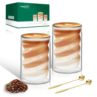 Image de Verres à café à double paroi de 400 ml avec cuillères, lot de 2, en verre borosilicaté, design en spirale