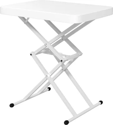 A white, foldable side table with a scissor-like base, shown against a white background.