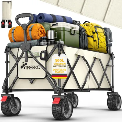 Obrázok produktu pre Skladací vozík TRESKO® 300 l s brzdou, béžový | Skladací ručný vozík s nosnosťou 150 kg vrátane plných gumových kolies | Skladací plážový vozík s extra širokými terénnymi kolesami | Záhradný vozík s prepravnou taškou