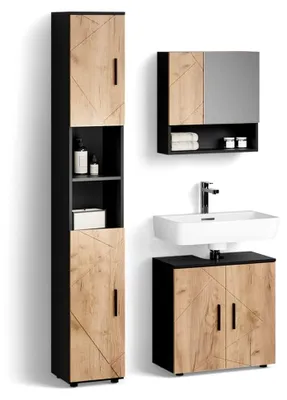 Produktbild von Badmöbel-Set Ronco, Eiche/Anthrazit, 3 Teile, mit Hochschrank