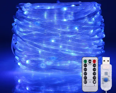 A coiled string of blue LED lights with a USB connector and a remote control.
