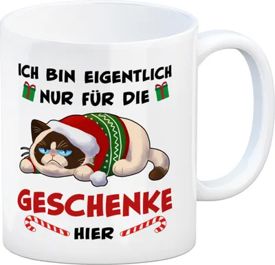Produktbild von Grimmige Katze Kaffeebecher mit Spruch nur für die Geschenke hier