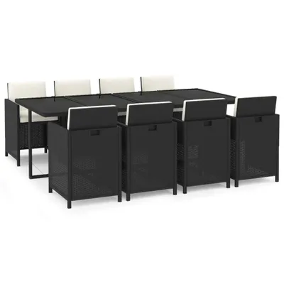Produktbild von 9-tlg. Garten-Essgruppe mit Kissen Poly Rattan Schwarz