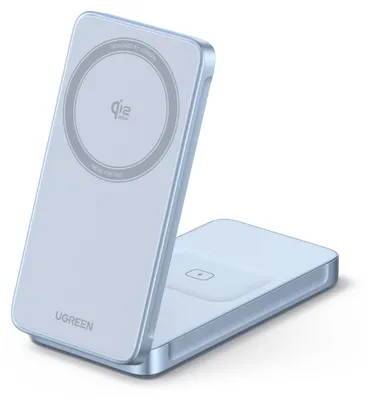 Image de Chargeur sans fil UGREEN MagFlow 2-en-1 Qi2.2, 25W, bleu, compact, avec angle réglable